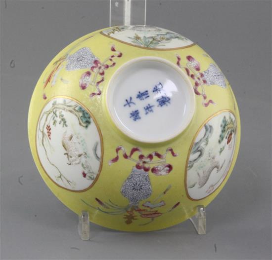 A Chinese yellow ground medallion bowl, Guangxu mark and of the period (1875-1908), d. 15cm